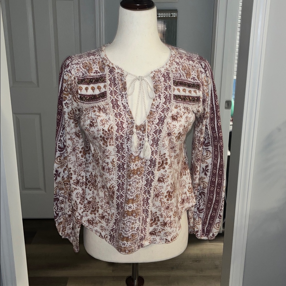 Lucky Brand Peasant With Beading Top Blouse Size S/P - Picture 2 of 8